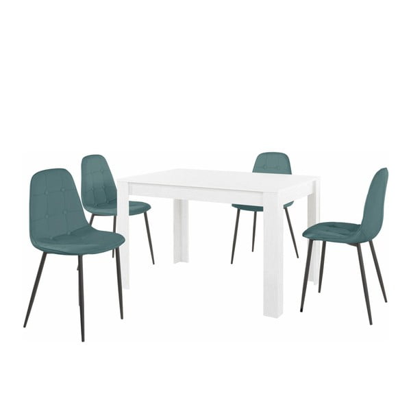 Komplet bijelog stola za blagovanje i 4 plave blagovaonske stolice Støraa Lori Lamar
