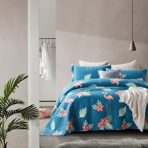 Plavi pokrivač iz mikropercila s dvije jastučnice Sleeptime Flamingo, 180 x 250 cm