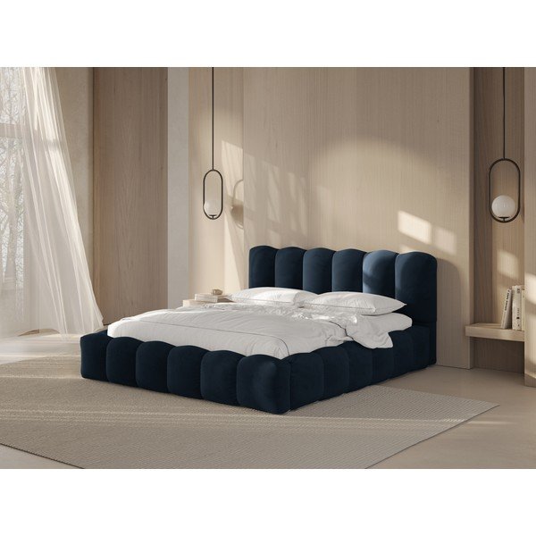 Tamno plavi tapecirani bračni krevet s prostorom za odlaganje s podnicom 160x200 cm Lupine – Micadoni -image-1