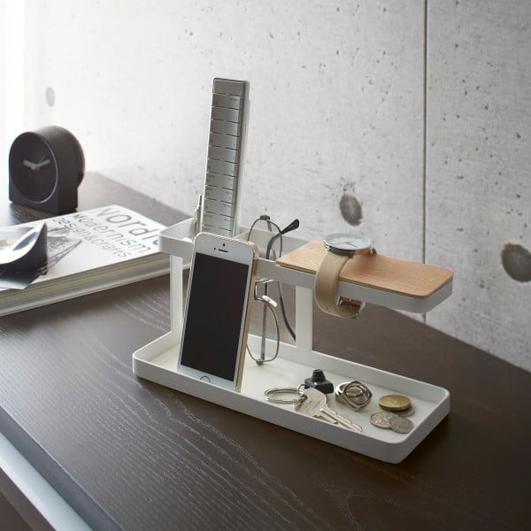 Bijeli višenamjenski stalak s detaljima od bukovine YAMAZAKI Tower Bar Desk-image-1