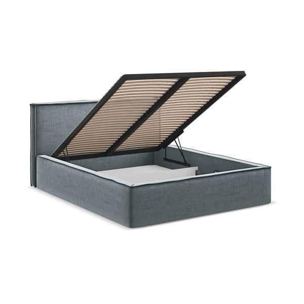 Svijetlo plavi tapecirani bračni krevet s prostorom za odlaganje s podnicom 160x200 cm Anani – Makamii-image-3