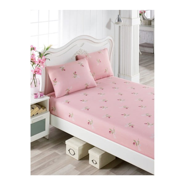 Set pamučnih ružičastih plahti i 2 jastučnice za krevet za jednu osobu Lunteo Lusno, 100 x 200 cm