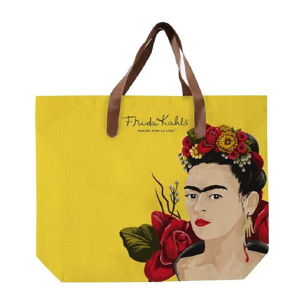 Žuta platnena torba s naramenicom od umjetne kože Madre Selva Frida Roses, 55 x 40 cm