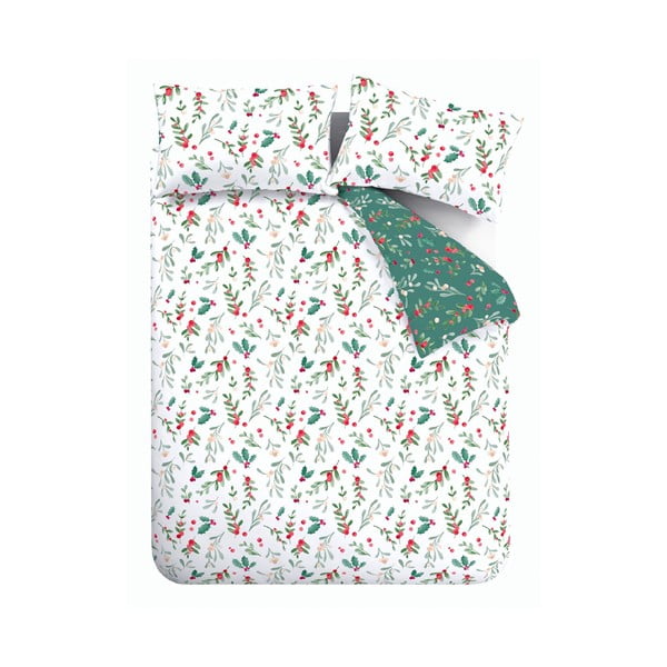 Bijela/zelena flanelska posteljina za bračni krevet/za produženi krevet 230x220 cm Holly and Mistletoe – Catherine Lansfield