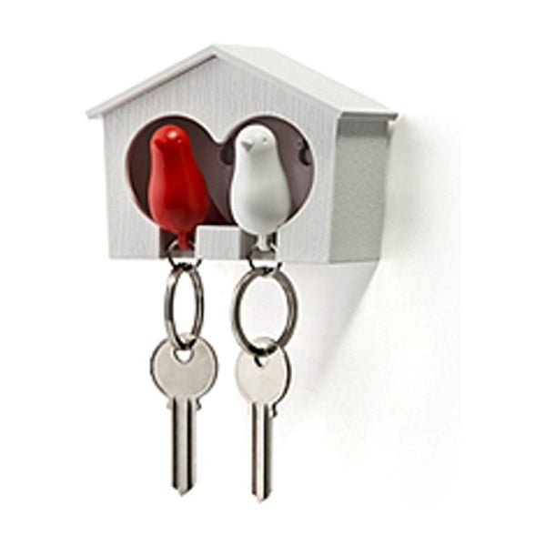 Bijela vješalica za ključeve s crveno-bijelim Qualy Duo Sparrow privjeskom za ključeve