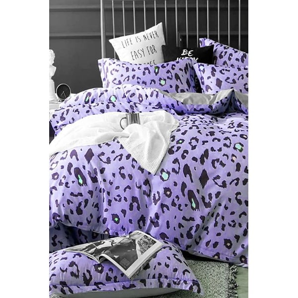 Ljubičasta pamučna posteljina za bračni krevet/za produženi krevet s uključenom plahtom/4-dijelna 200x220 cm Leopard – Mila Home