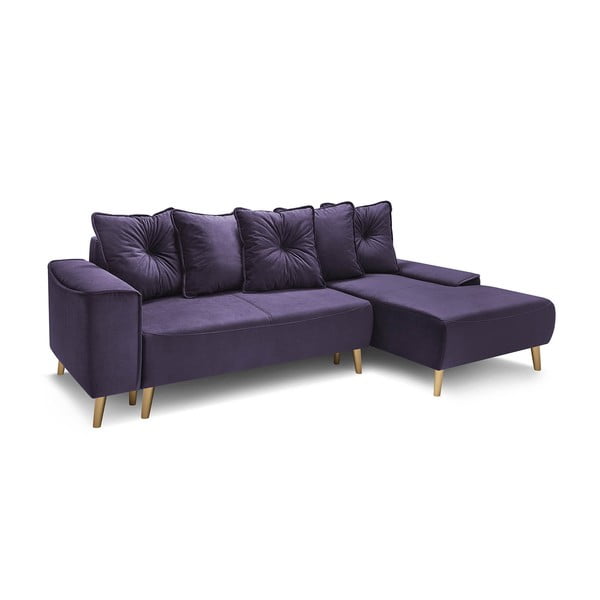 Kutna sofa od ljubičastog baršuna sa zlatnim nogama Bobochic Paris Hera, desni kut