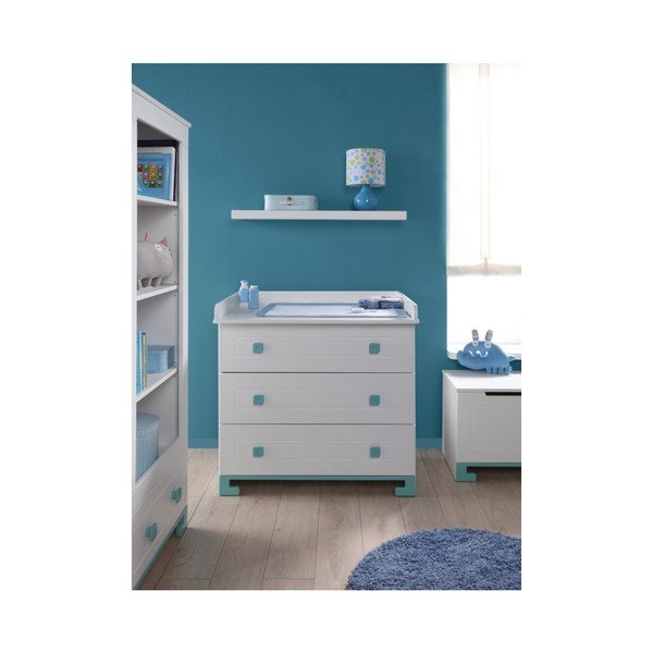 Bijela komoda od punog borovog drveta s 3 ladice i tirkiznim detaljima Pinio ToTo-image-1