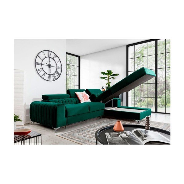 Zelena baršunasti sklopiva/s prostorom za odlaganje kutna garnitura (s desnim kutom/s ležaljkom) Grayson – ELTAP-image-3