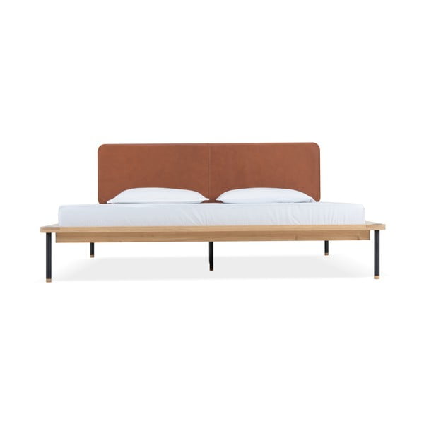 Tapecirani bračni krevet od hrastovine s letvicama u sivo-prirodnoj boji 160x200 cm Fina - Gazzda-image-2