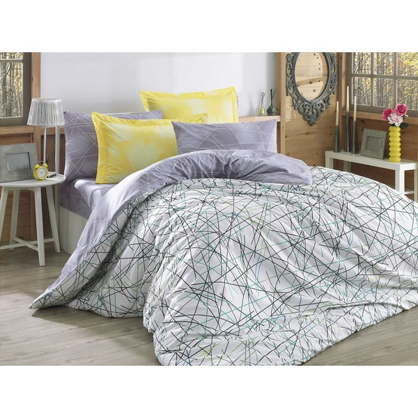 Siva posteljina s bračnim krevetom od pamučnog poplina Elias Yellow, 200 x 220 cm