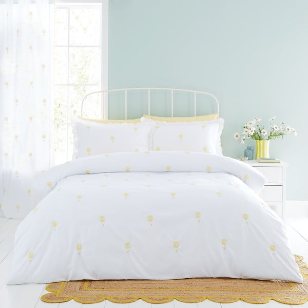 Bijela posteljina za krevet za jednu osobu 135x200 cm Lorna Embroidered Daisy – Catherine Lansfield
