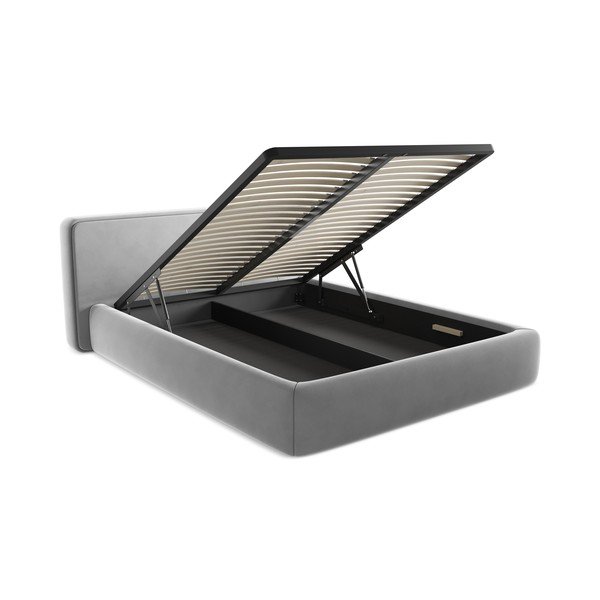 Sivi tapecirani bračni krevet s prostorom za odlaganje s podnicom 160x200 cm Kiana – Makamii-image-3