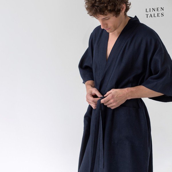 Tamnoplavi laneni kućni ogrtač veličine S/M Summer - Linen Tales-image-1