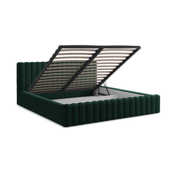 Tamno zeleni tapecirani bračni krevet s prostorom za odlaganje s podnicom 140x200 cm Lemi – Makamii-image-3