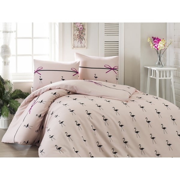 Posteljina s plahtom za bračni krevet Flamingo Powder, 200 x 220 cm