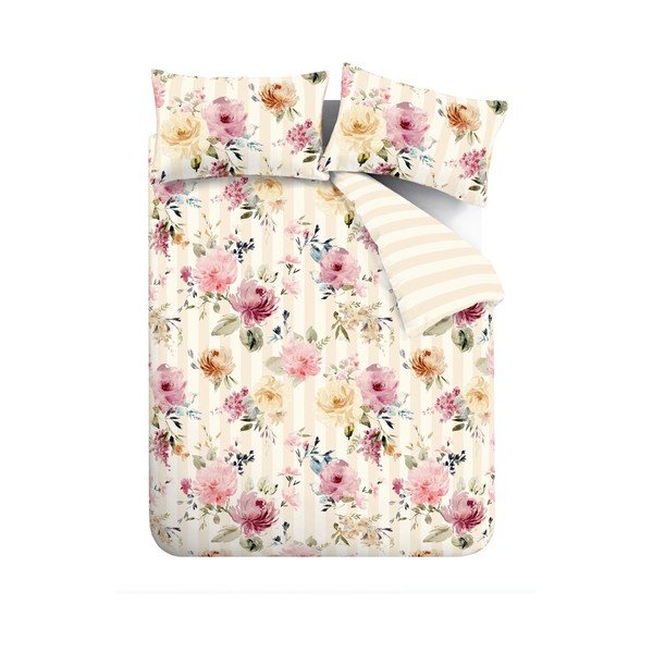 Krem posteljina za krevet za jednu osobu 135x200 cm Floral Stripe – Catherine Lansfield