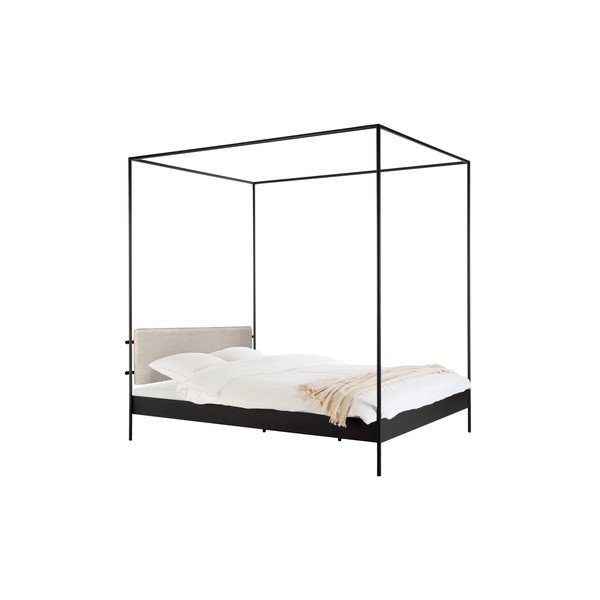Crni/bež željezni tapecirani bračni krevet s baldihanom s podnicom 180x200 cm Eton – noo.ma