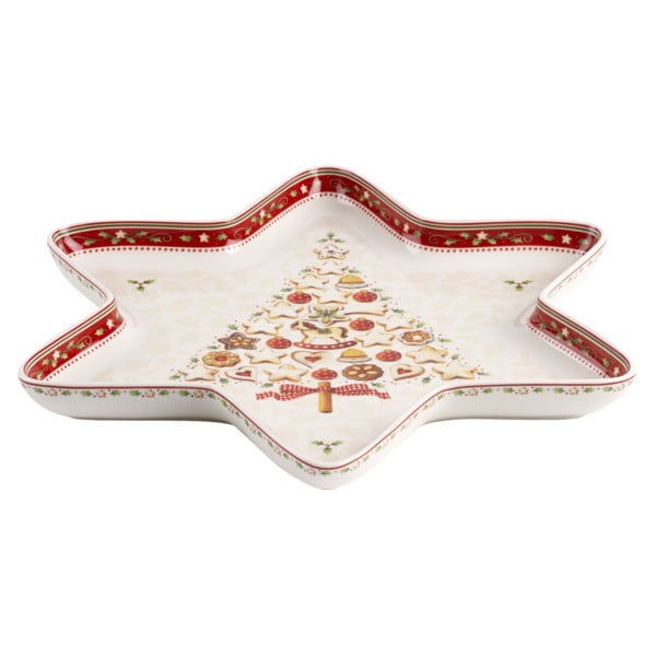 Crveno-bijela porculanska božićna zdjela za posluživanje u obliku zvijezde Villeroy & Boch Gingerbread Village, 37,2 x 32,5 cm