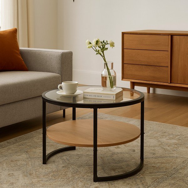 Crni/u prirodnoj boji okrugao stolić za kavu u dekoru hrasta ø 68 cm Zanu – Bonami Essentials-image-1