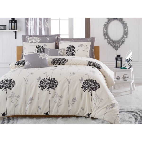 Bež i siva posteljina s plahtom za bračni krevet Efil Beige Grey, 200 x 220 cm