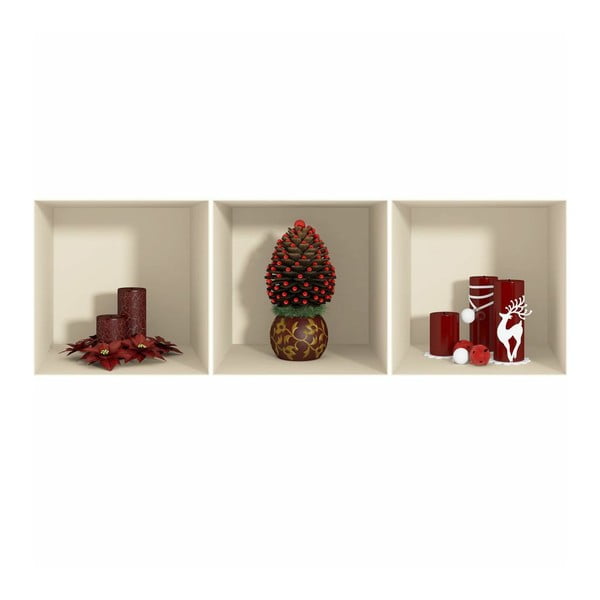 Set od 3 božićne naljepnice s 3D efektom Ambiance Red Candles and Christmas Tree