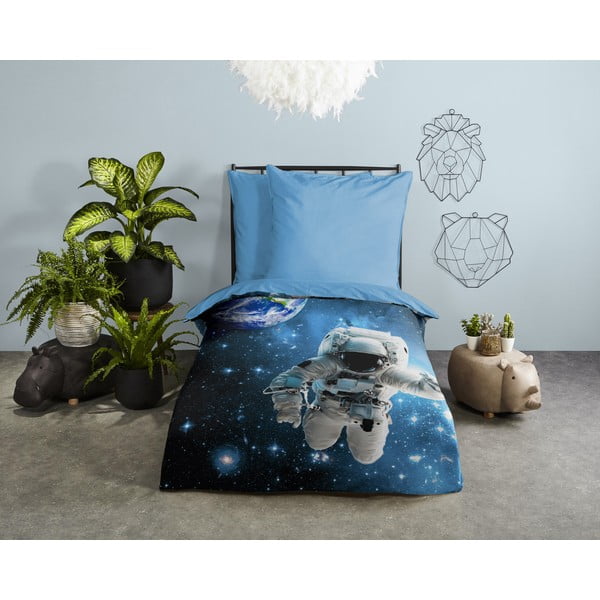 Plava pamučna dječja posteljina za krevet za jednu osobu 140x200 cm Astronaut – Good Morning-image-1
