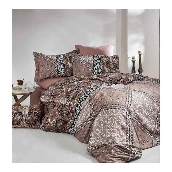 Pamučna satenska posteljina s posteljinom za bračni krevet Indigo Crema, 200 x 220 cm