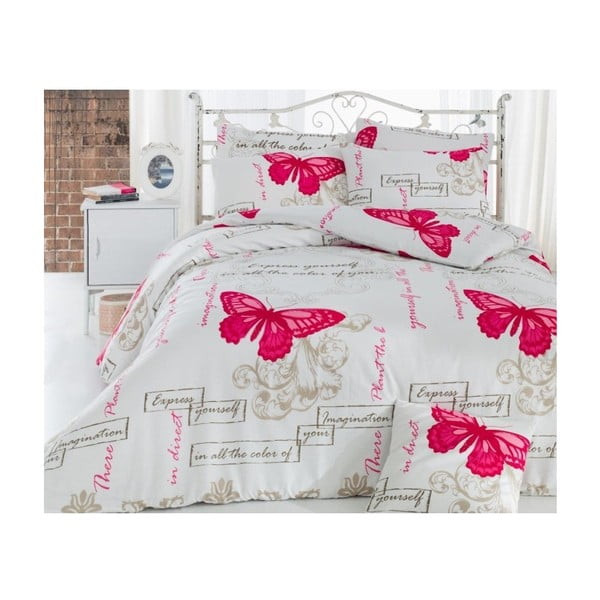 Posteljina s plahtom od mješavine pamuka za bračni krevet Love Butterflies, 200 x 220 cm