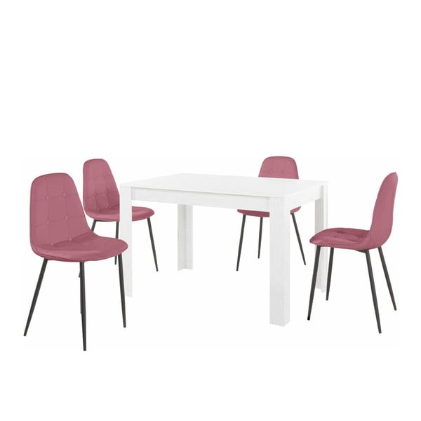 Bijeli set stolova za blagovanje i 4 ružičaste stolice za blagovanje Støraa Lori Lamar