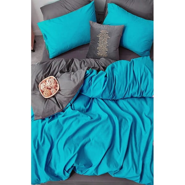 Siva/tirkizna pamučna posteljina za bračni krevet/za produženi krevet s uključenom plahtom/4-dijelna 200x220 cm – Mila Home