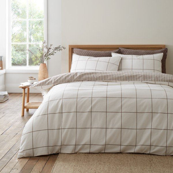 Krem/smeđe-siva flanelska posteljina za krevet za jednu osobu 135x200 cm Brushed Regal Check – Bianca-image-1