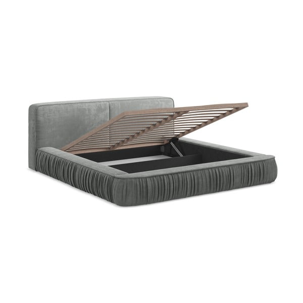 Sivi tapecirani bračni krevet s prostorom za odlaganje s okvirom od letvica 140x200 cm Keoni - Makamii-image-4