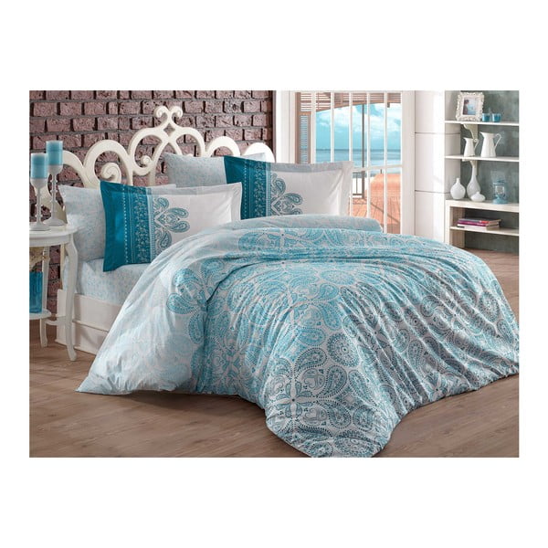 Posteljina s pamučnim prekrivačem i plahtom za bračni krevet Irene, 200 x 220 cm