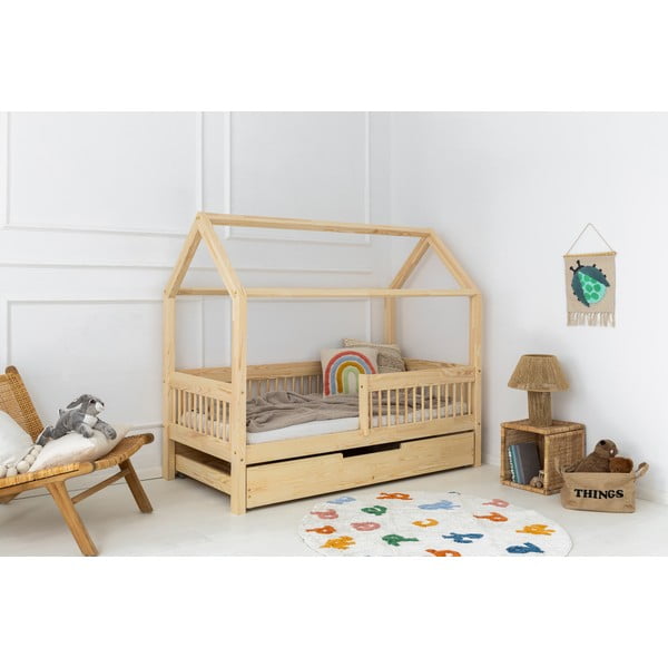 Dječji krevet od masivnog bora u obliku kućice/s dodatnim ležajem s prostorom za pohranu 140x200 cm u prirodnoj boji Mila MBW – Adeko