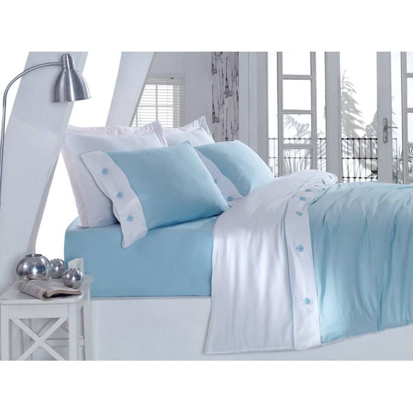 Saten plava pamučna posteljina s plahtama, 200 x 220 cm