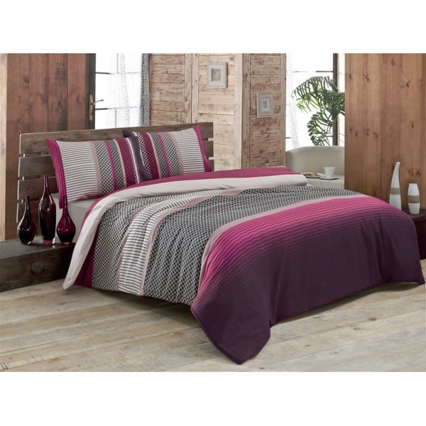 Posteljina s plahtom za bračni krevet u boji vina Lotus, 200 x 220 cm