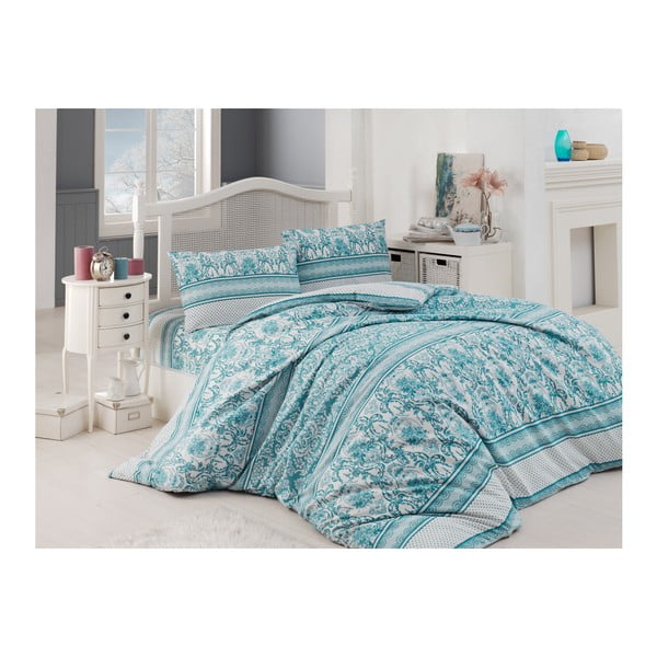 Svijetlo plava posteljina na bračnom krevetu od pamuka Florals, 200 x 220 cm