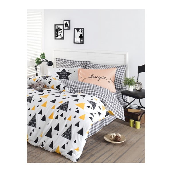 Pamučna posteljina s posteljinom za bračni krevet EnLora Home Ilove Black Yellow, 200 x 220 cm