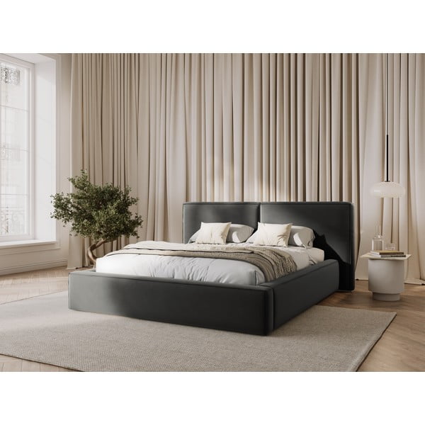 Sivi baršunasti tapecirani bračni krevet s prostorom za odlaganje s podnicom 200x200 cm Arendal – Cosmopolitan Design-image-1