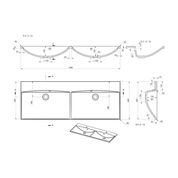 Bijeli dupli umivaonik od mineralnog kompozita 120x46 cm Maria – Sapho-image-1