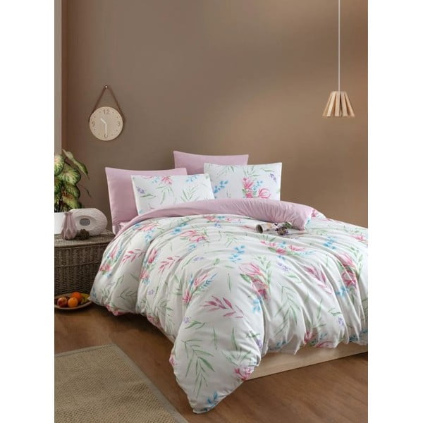 Bijela/ružičasta posteljina za bračni krevet/za produženi krevet s uključenom plahtom/4-dijelna 200x220 cm Leaves – Mila Home