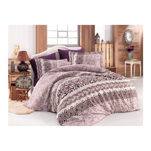 Pamučna satenska posteljina s bračnim krevetom Luna Lilac, 200 x 220 cm