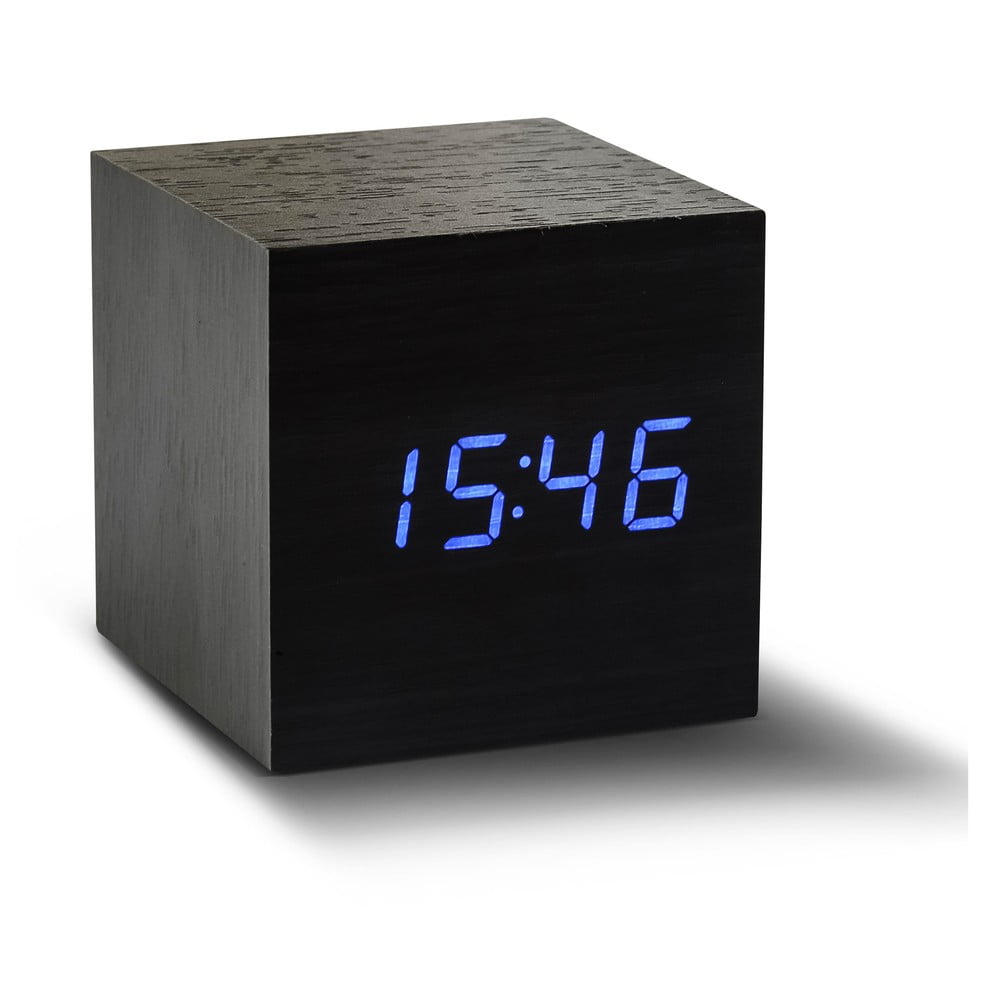 Crna budilica s plavim LED zaslonom Gingko Kliknite Cube Clock