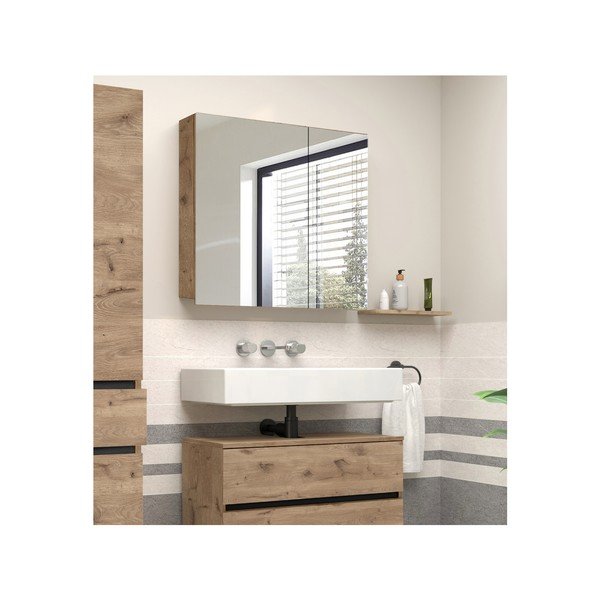 Zidni/s ogledalom kupaonski ormarić u dekoru hrasta u prirodnoj boji 80x70 cm Wisla – Støraa-image-4