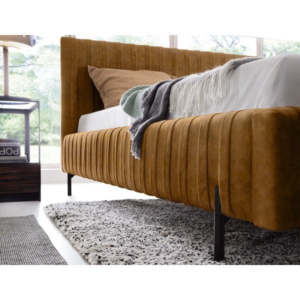 Oker žuti tapecirani bračni krevet s prostorom za odlaganje s podnicom 160x200 cm Plissa – ELTAP-image-4