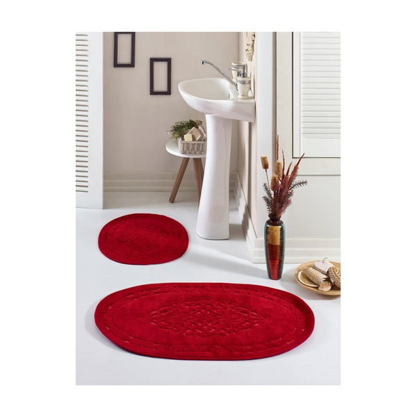 Set od 2 crvena ovalna tepiha za kupaonicu