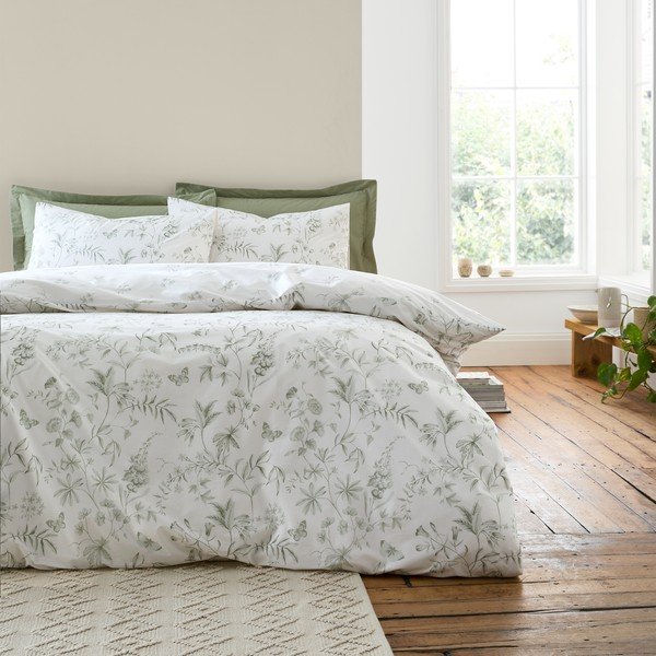 Zelena/krem pamučna posteljina za krevet za jednu osobu 135x200 cm Thea Floral – Bianca-image-1
