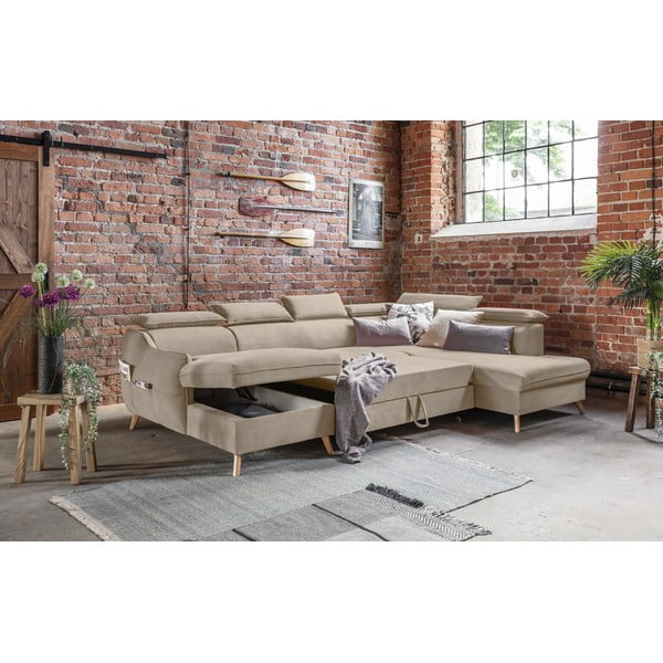 Bež baršunasta sklopiva kutna garnitura (s desnim kutom/u obliku slova "U") Sweet Harmony – Miuform-image-4