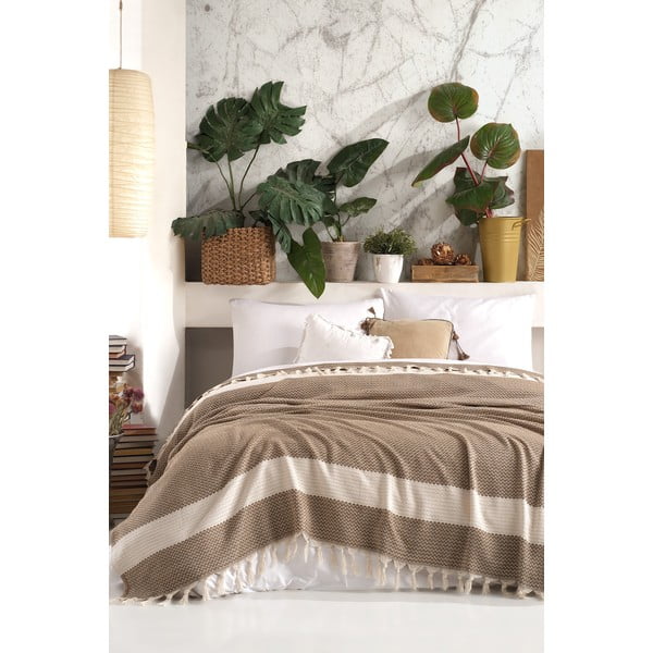 Smeđo-bež pamučni prekrivač za bračni krevet 200x230 cm Şeritli – Mijolnir